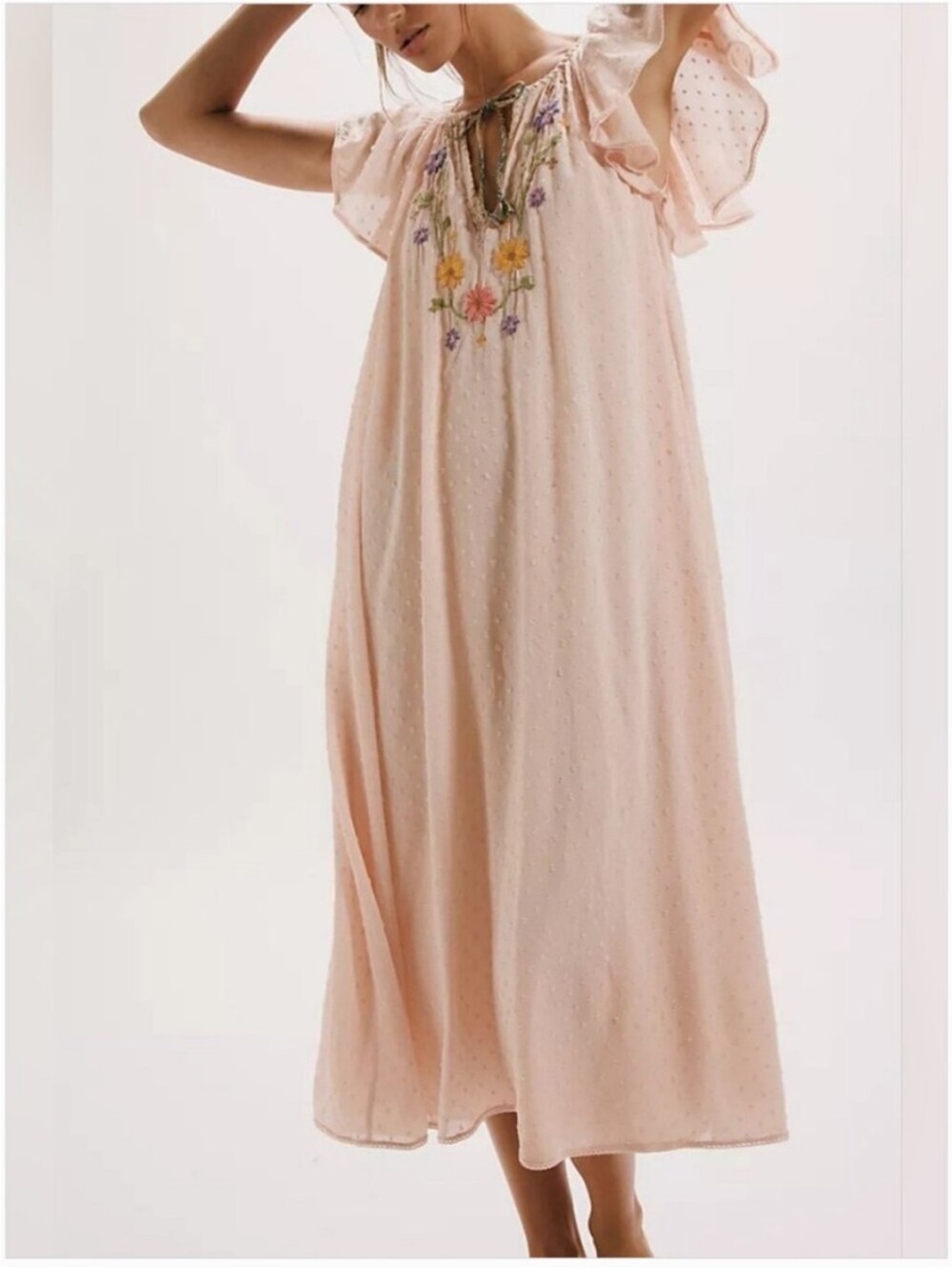 Free People Blush Pink Embroidered Flutter-Sleeve Midi Dress NWT
